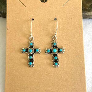 VTG Sterling Silver 925 RW Ronnie Willie Turquoise Petit Point Cross Earrings